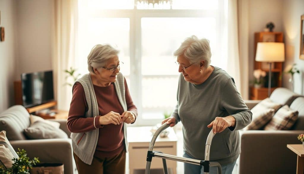 A cozy, warm-lit living room scene with a caregiver and their elderly family member. In the foreground, the caregiver is gently assisting the elderly person, perhaps helping them stand up or move around using a walker. Their expressions convey a sense of care, patience, and support. In the middle ground, the room is filled with soft, natural lighting, comfortable furniture, and personal touches that suggest a loving, familiar environment. The background features a window overlooking a peaceful outdoor scene, adding to the serene, nurturing atmosphere. The overall mood is one of compassion, understanding, and the importance of caregiving for the elderly.