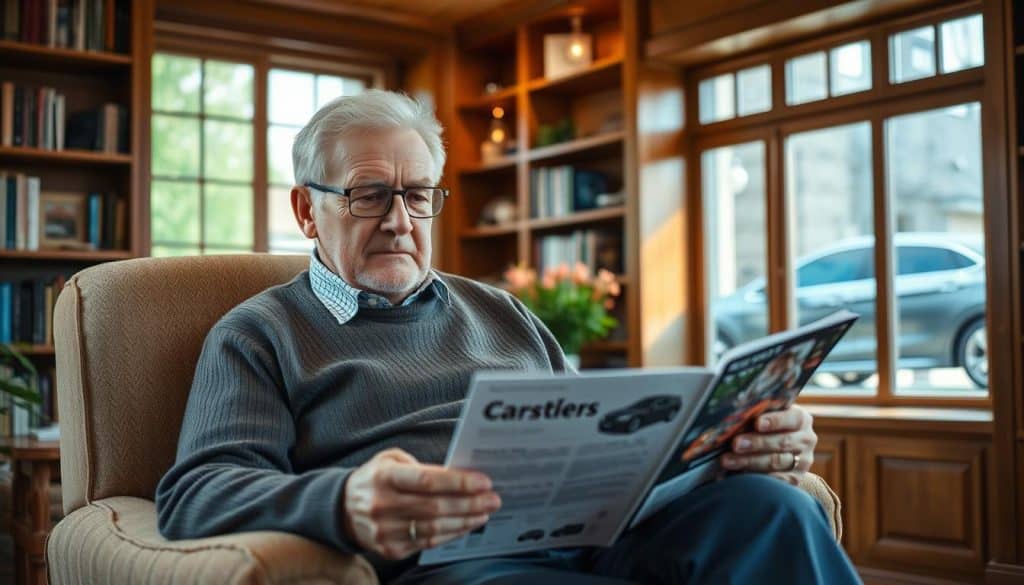 A cozy, well-lit study featuring an elderly gentleman sitting comfortably in a plush armchair, intently perusing a car-buying guide. The room has a warm, inviting atmosphere, with wooden bookshelves lining the walls and a large window providing natural light. The man's expression conveys a sense of focused concentration, as he carefully examines the contents of the book. In the background, a sleek, modern car is visible through the window, hinting at the topic of the guide. The overall scene suggests a thoughtful, contemplative moment as the senior citizen researches his next vehicle purchase.