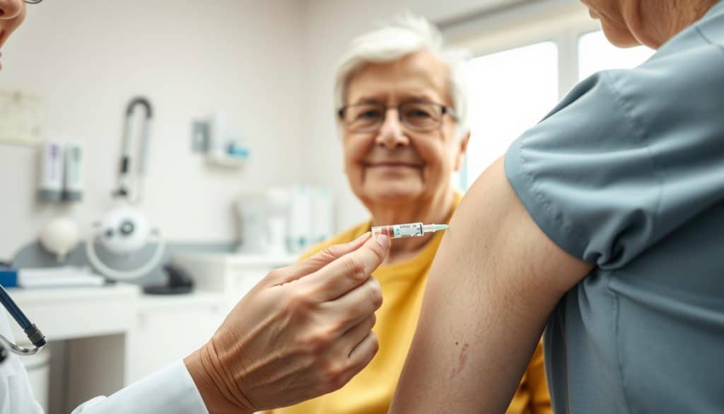 A senior patient receiving a pneumococcal vaccination from a healthcare professional in a well-lit doctor's office. The scene captures the clinical yet calm atmosphere, with the patient's arm exposed for the injection. The healthcare worker's hand holds the syringe with care, their expression focused yet reassuring. The background features medical equipment and supplies, conveying a sense of medical professionalism. The lighting is soft and natural, casting subtle shadows that add depth and dimension to the image. The composition places the vaccination procedure at the center, highlighting the importance of this routine yet essential healthcare activity for the elderly.