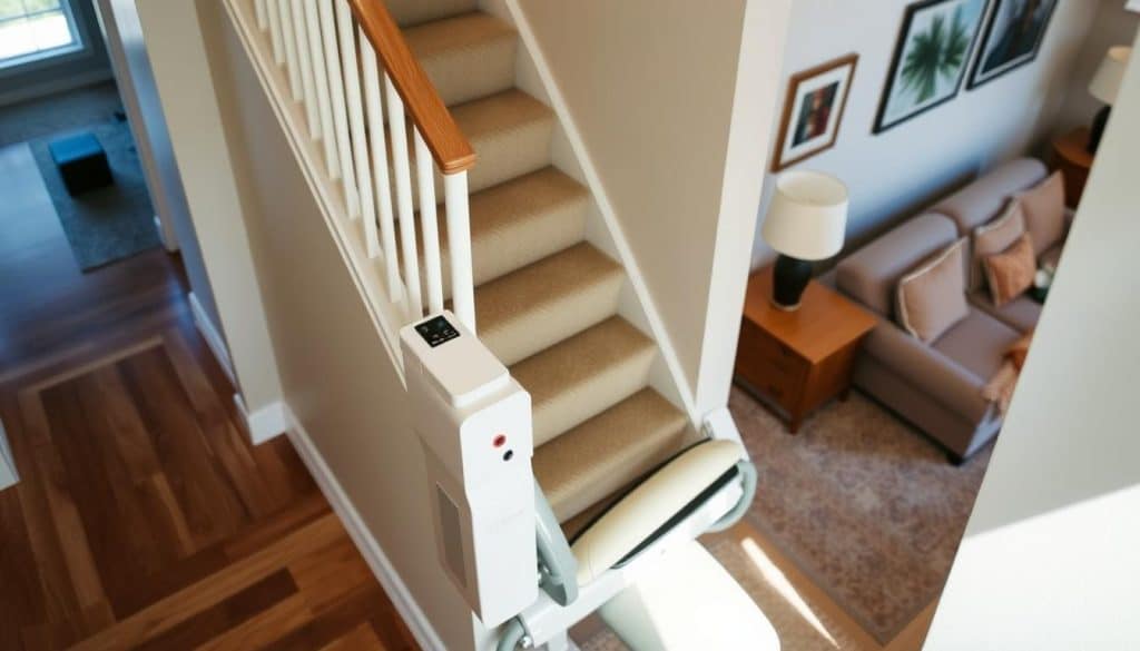 A well-lit, high-angle view of a portable stairlift installation in a residential setting. A modern, compact stairlift unit anchored securely to the staircase, blending seamlessly with the home's interior. The stairlift's sleek, minimalist design features intuitive controls and smooth, quiet operation. The staircase steps are visible in the foreground, suggesting the stairlift's ease of use and accessibility. The background showcases a comfortable, inviting home environment, highlighting the stairlift's role in enhancing mobility and independence within the familiar surroundings.
